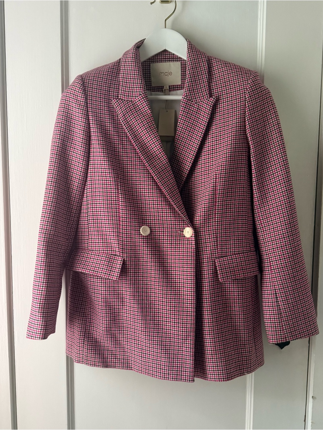 Maje Pink Houndstooth Double-Breasted Blazer